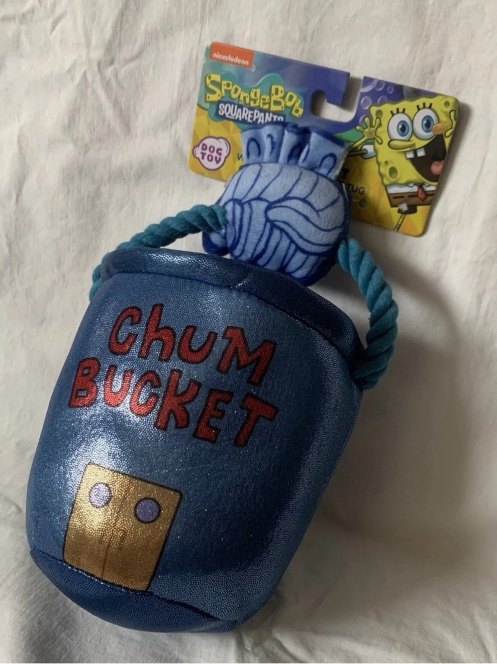 NWT SpongeBob SquarePants Chum Bucket Plush Dog Toy Squeeker Rope Tug